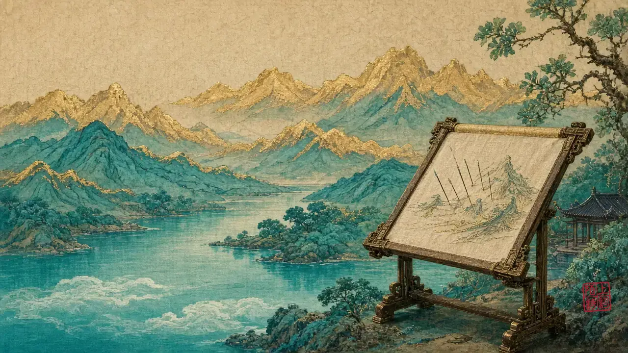 绣绷架上，针比话先停